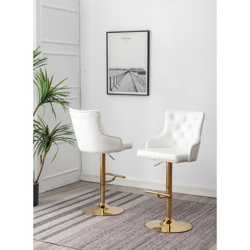 Brightcast 2-piece Velvet Tufted Gold Bar Stools in White