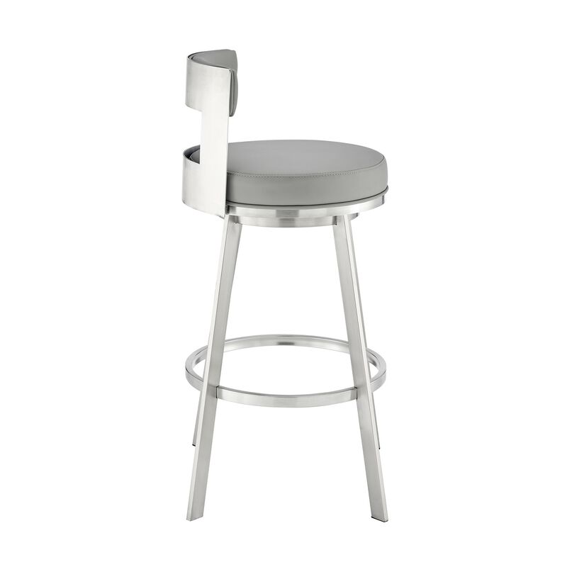 Ami 30 Inch Swivel Barstool Chair, Light Gray Faux Leather, Steel