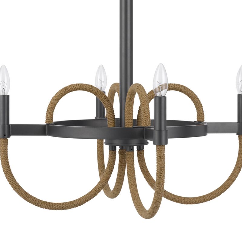 4 Light Candelabra Chandelier, Burlap Accents, Charcoal Gray Metal 24 Inch image number 6