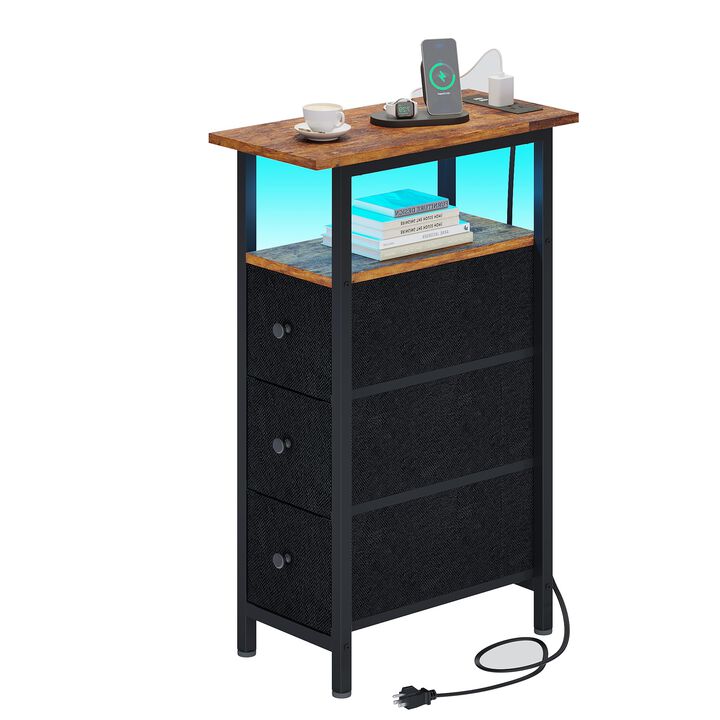 TRIFEBLE End Table with Charging Station, Narrow Side Table with 3 Fabric Drawers, Skinny Nightstand with LED Light, Slim Bedsid