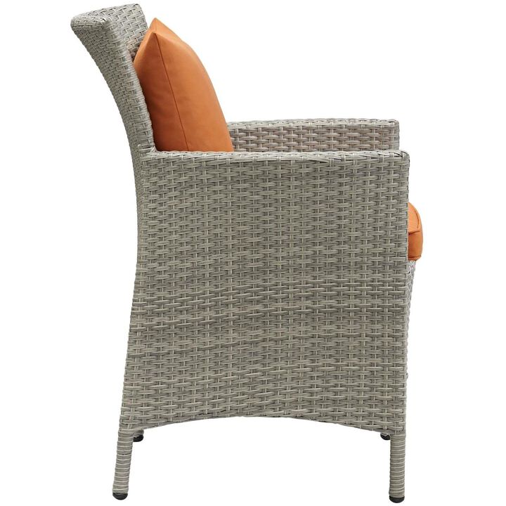Modway Conduit Wicker Rattan Outdoor Patio Dining Arm Chair with Cushion in Light Gray Orange