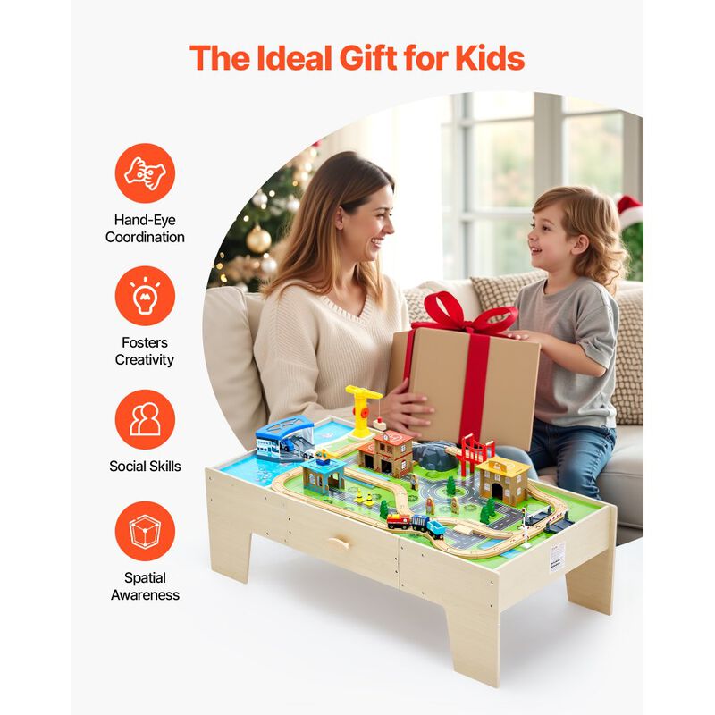 Kids Train Table with 62 Piece Wooden Train Set and Storage Drawer image number 3