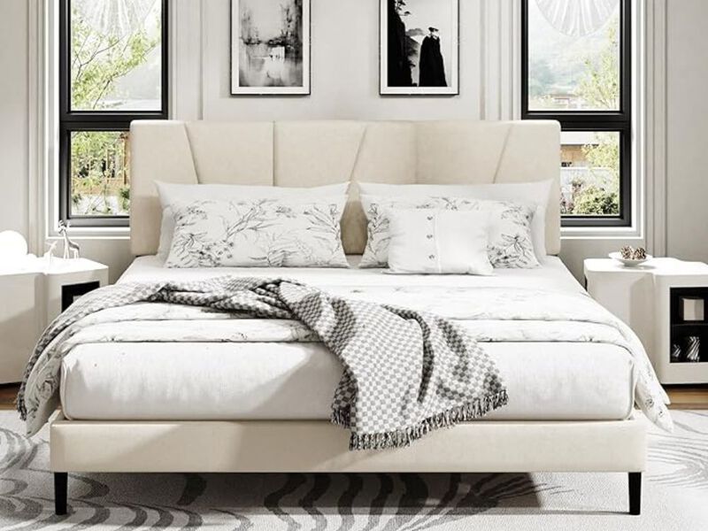 King Size Platform Bed Frame With Upholstered Headboard, Wooden Slats Support, Noise Free, No Box Spring Needed, Easy Assembly, Beige, Velvet