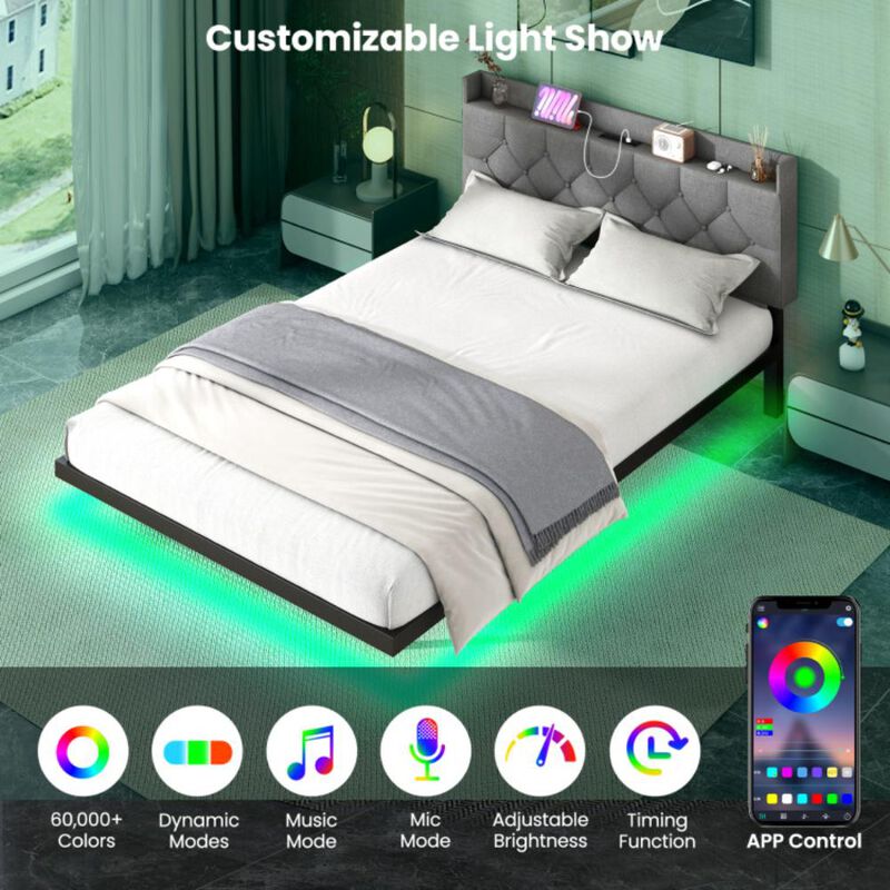Hivvago Floating Bed Frame with LED and Headboard and Charging Station