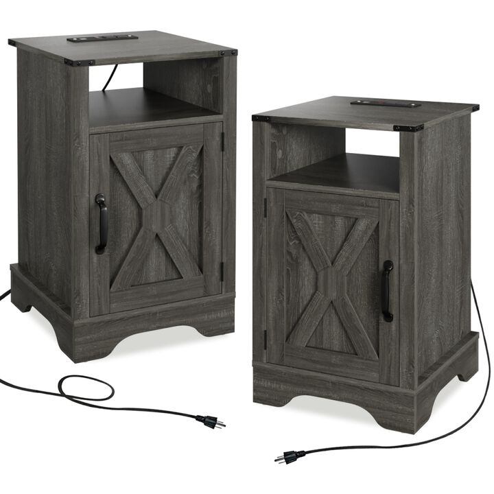 Dark Gray Nightstand With Charging Station Tall Wooden Night Stand Set 2 For Bedroom Living Room