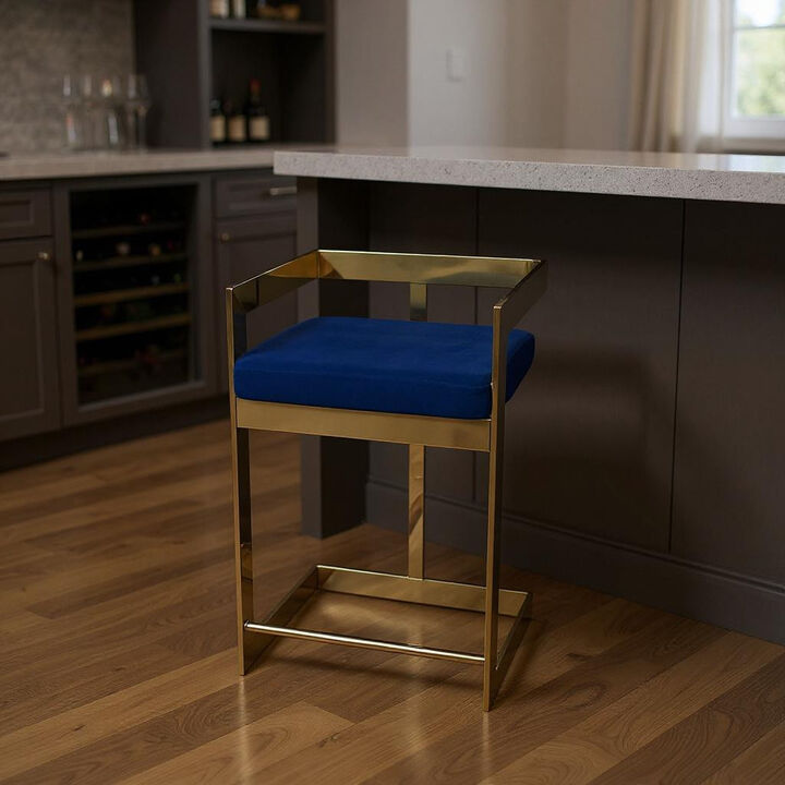 HomeRoots 30" Blue and Gold Metal and Velvet Low Back Bar Height Bar Chair