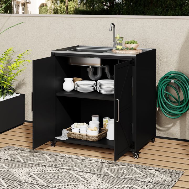Mondawe Outdoor Movable Kitchen Sink,W/ Adjustable Faucet & Lockable Wheels Portable Cabinet