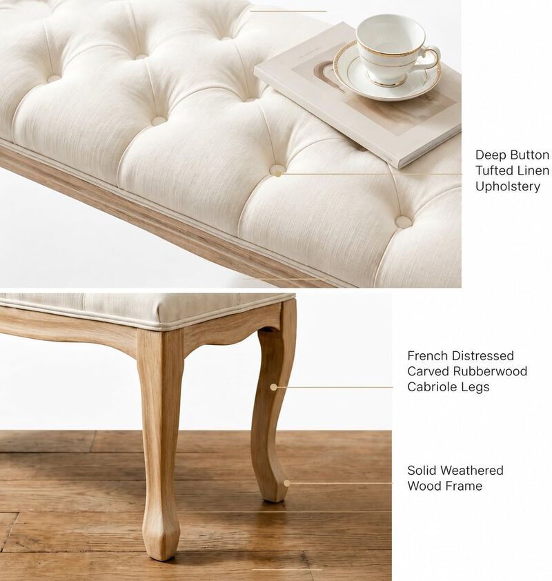 Envelor French Vintage Tufted Linen Upholstered Bench, 43.3 in. image number 5