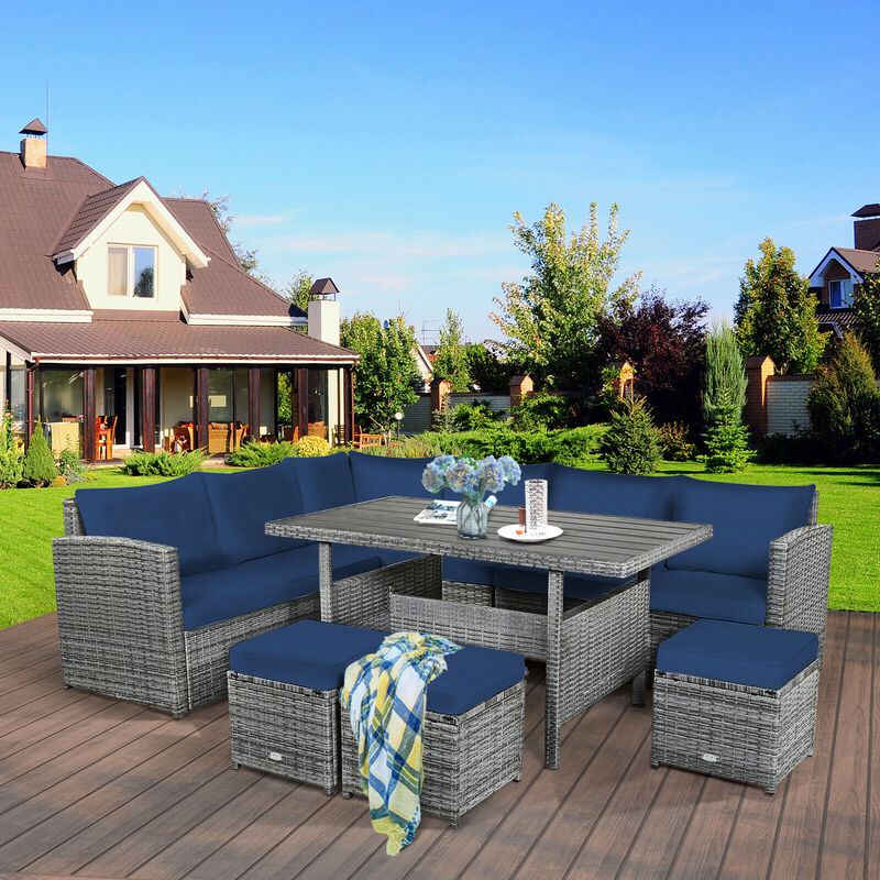 7 Pieces Patio Rattan Dining Furniture Sectional Sofa Set with Wicker Ottoman image number 3