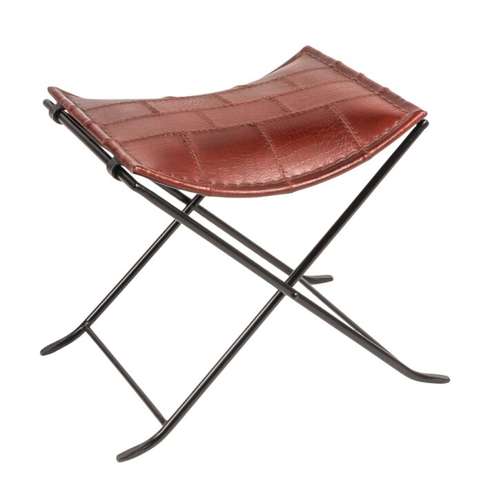 Collapsible Leather and Metal Stool, Russet Brown