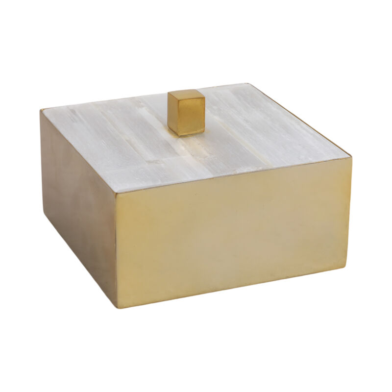 6" Square Selenite Top Box, White/gold image number 1