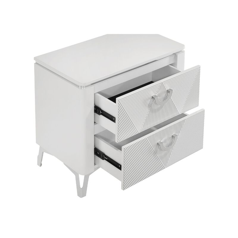 Ivana Nightstand with 2 Drawers, White Geometric Texture Wood 25 Inch image number 4