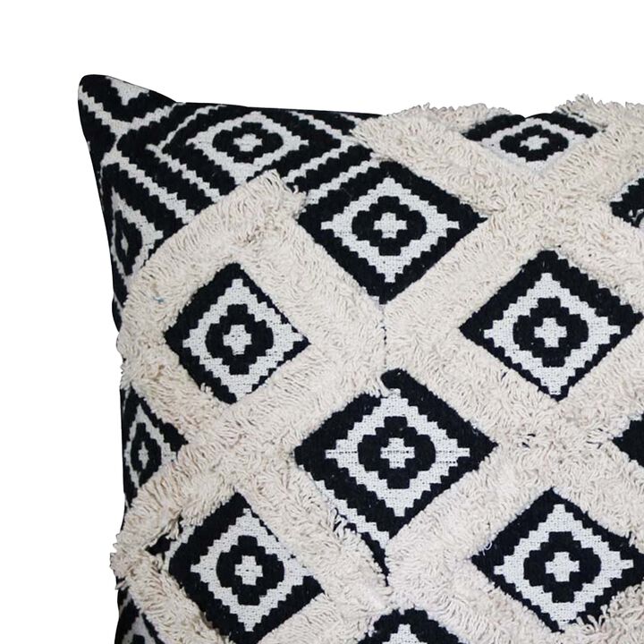 18 x 18 Handcrafted Square Jacquard Soft Cotton Accent Throw Pillow, Diamond Pattern, Set of 2, White, Black-Benzara