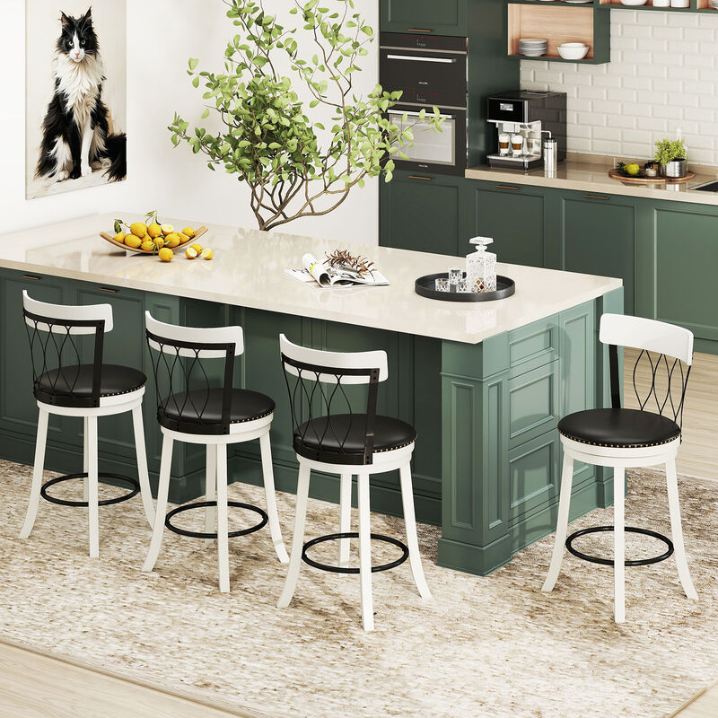 Swivel Bar Stools Set of 2 with Decorative Rivets and Wooden Footrest Frame