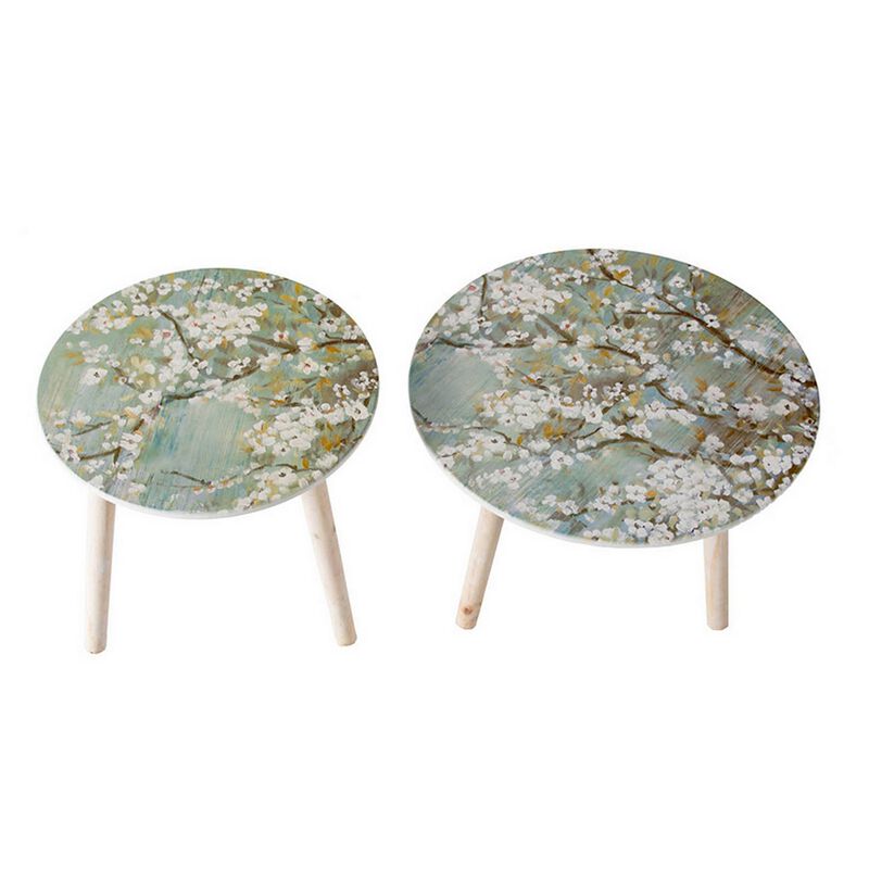 Byle 16, 20 Inch Side Table Set of 2, Floral Design, Cherry Blossom, Blue