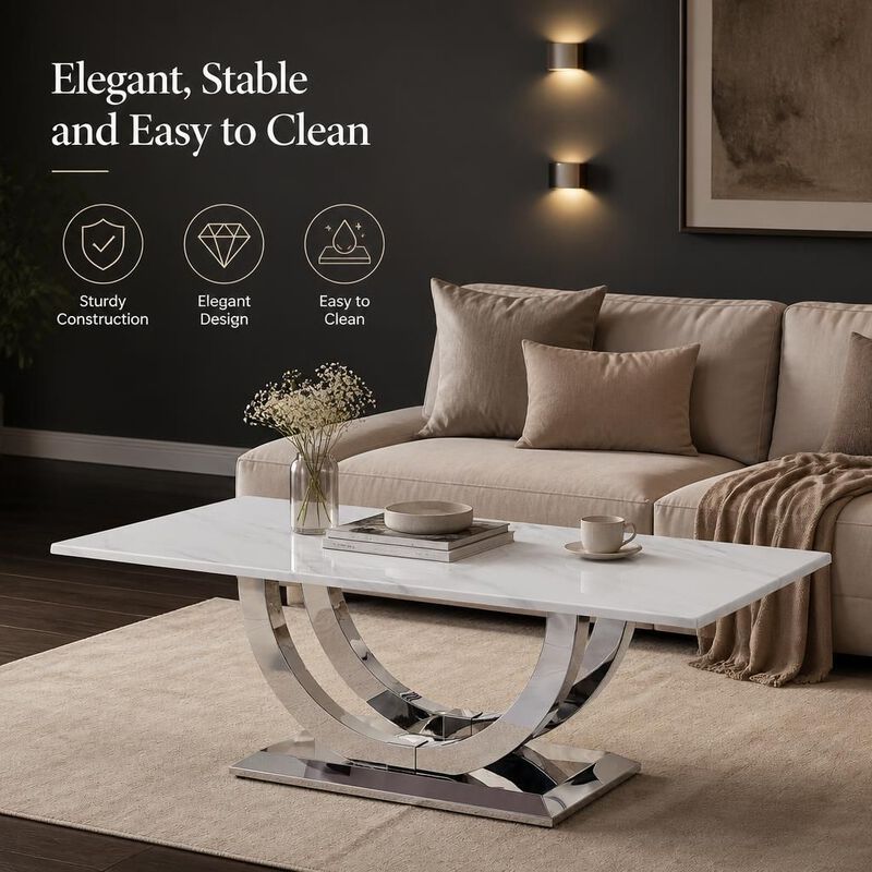 GOODSILO 50.4 Inch Modern Rectangular Coffee Table with Marble Pattern Tabletop and Silver Stainless Steel Base for Living Room image number 4