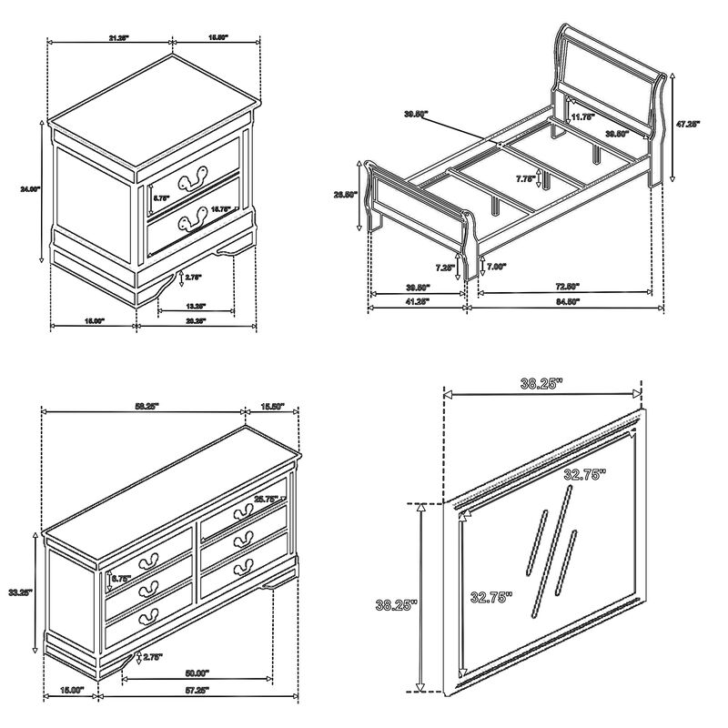 Nim 4pc Twin Size Bedroom Set, Dresser, Modern White Sleigh Headboard - Benzara