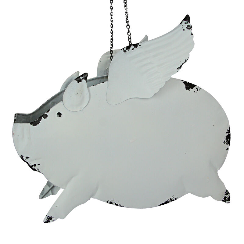 Metal Distressed White Flying Pig Hanging Planter Set Large & Small Flower Pots image number 4