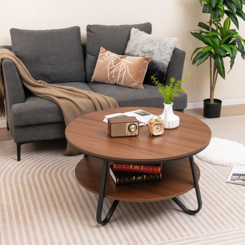 Hivvago Round Coffee Table with Wood Grain Finish and Heavy-duty Metal Frame