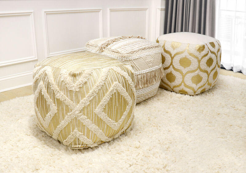Pasargad Grand Canyon Cotton Pouf, Gold Foiled, Gold/Ivory