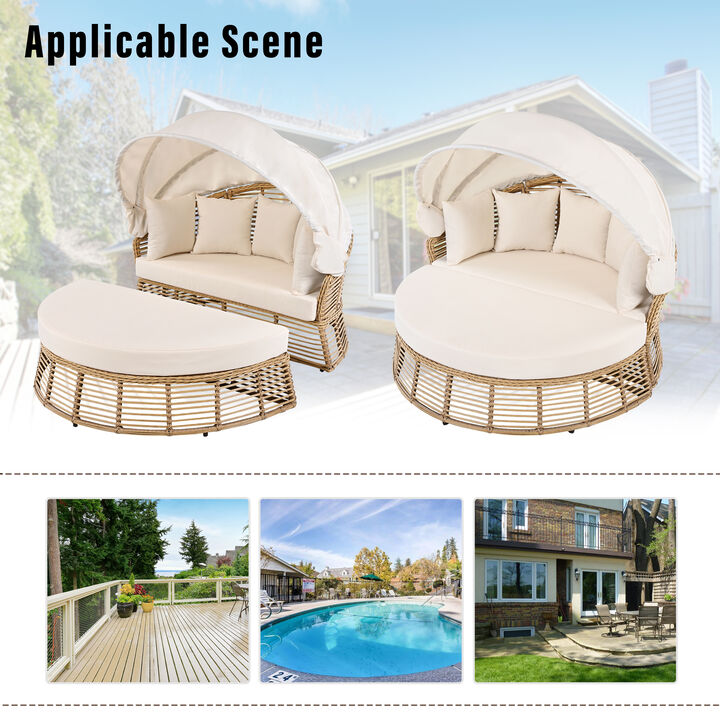 Merax Outdoor Round Sofa Bed with Adjustable Canopy, 5 Removable Pillows