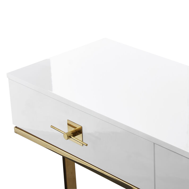 HomeRoots 47" White Wood and Gold Stainless Steel Sled Console Table With Two Drawers image number 4