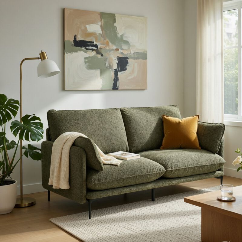 Dima Sofa with 2 Pillows, Green Chenille Upholstered Cushions, 75 Inch image number 1