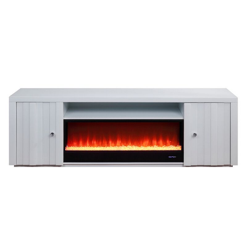 Eid 71 Inch TV Console with Fireplace, Speaker, 2 Cabinets, White Wood - Benzara