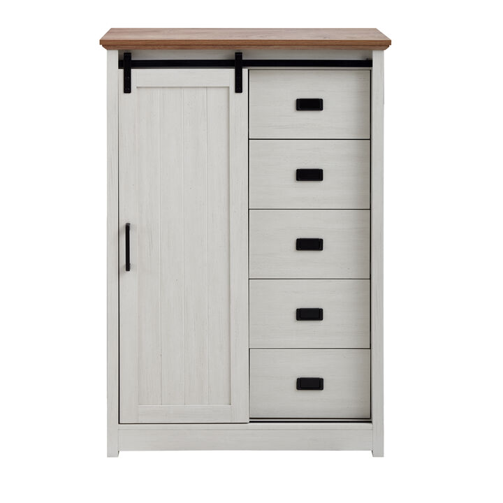 5 Drawers Dresser With Sliding Barn Door, Farmhouse Tall Dresser 5 Chest of Drawers, Storage Organizer Dresser