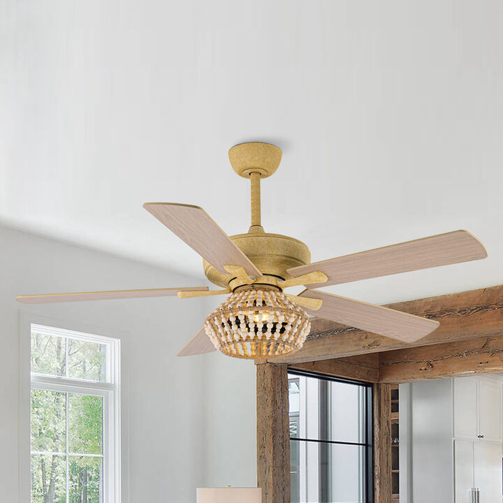 52" BohoSand Gold Cage Ceiling Fan with Remote and Light Kit