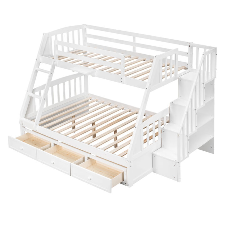 Twin-Over-Full Bunk Bed with Drawers，Ladder and Storage Staircase, White