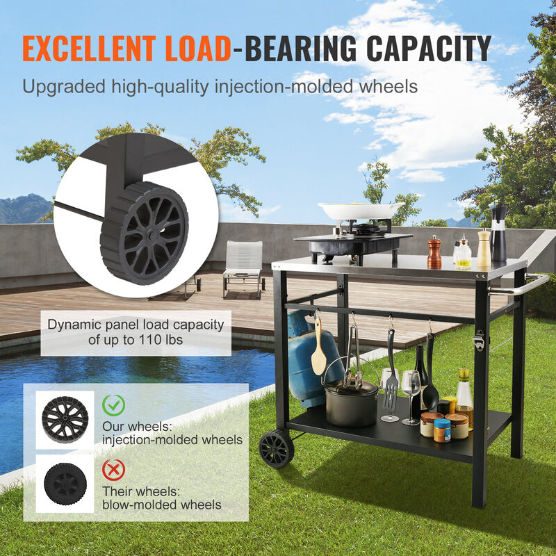 Modular Outdoor Grill Cart &ndash; Stainless Steel Worktable with Shelves, Handle, and Wheels for Pizza Oven & BBQ Setup