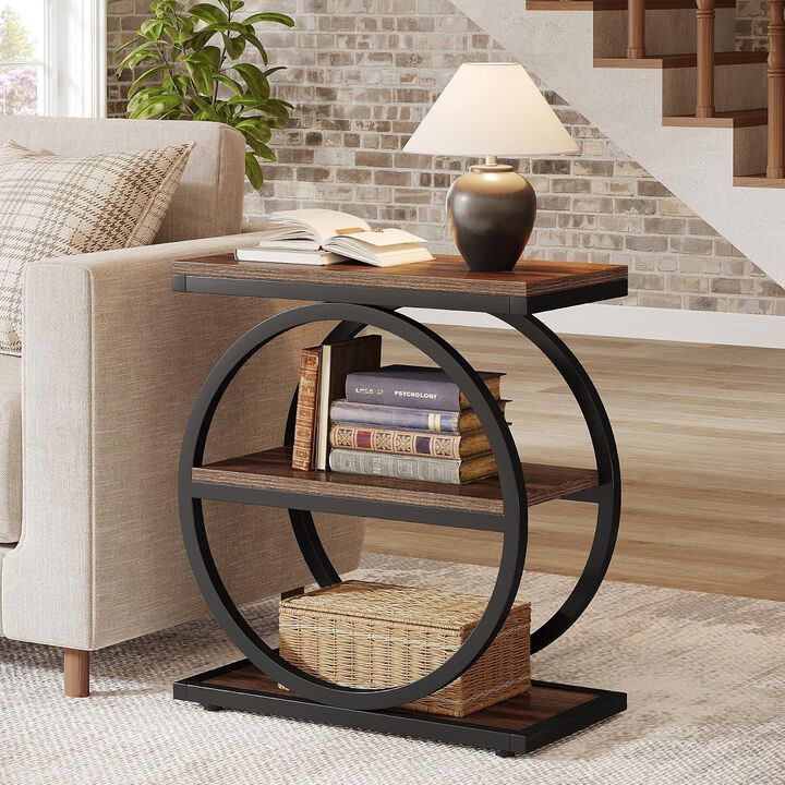 Tribesigns 3-Tier End Table, Industrial Side Table with Round Metal Frame, Narrow Nightstand for Bedroom, Sofa Side Table with Storage Shelves for Living Room, Slim Small Table, 50 lb Capacity