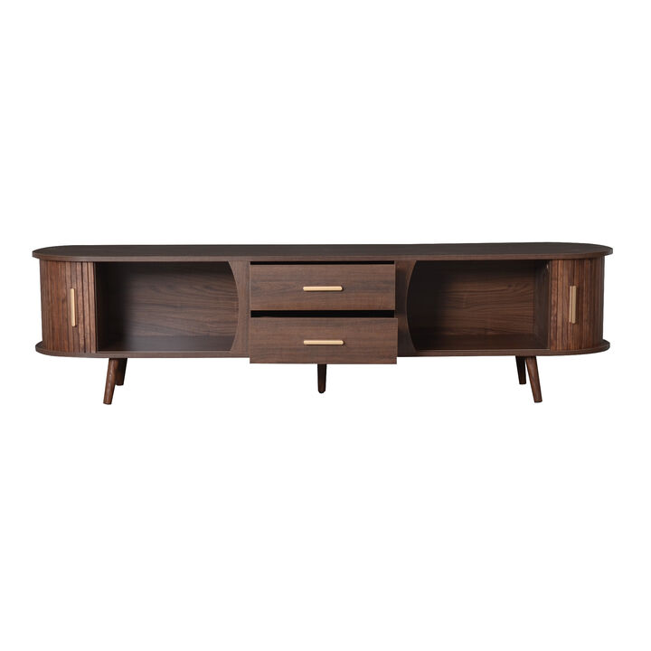 Merax TV Cabinet with Sliding Storage & 2 Drawers, Solid Wood Base, Moisture-Resistant Surface