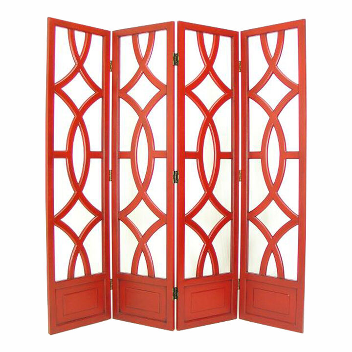Wooden 4 Panel Room Divider with Open Geometric Design, Red - Benzara