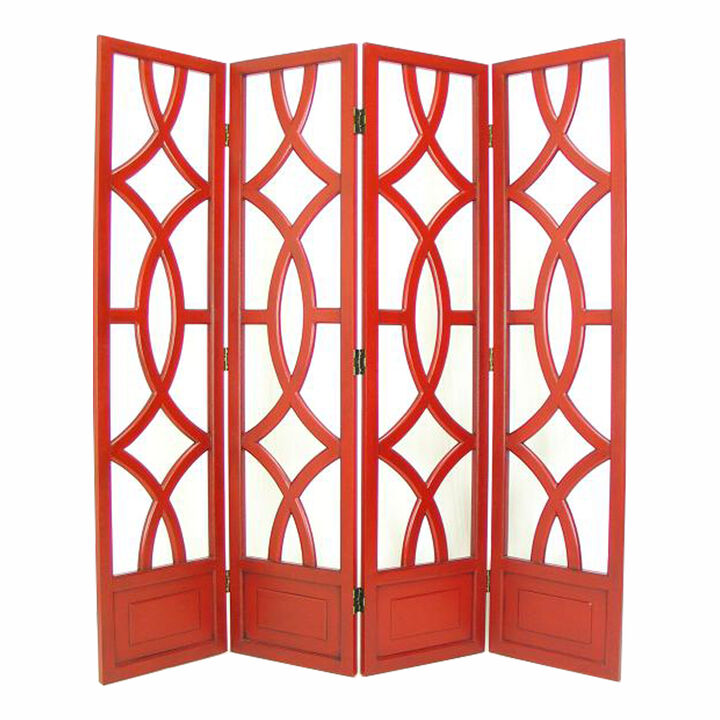 Wooden 4 Panel Room Divider with Open Geometric Design, Red-Benzara