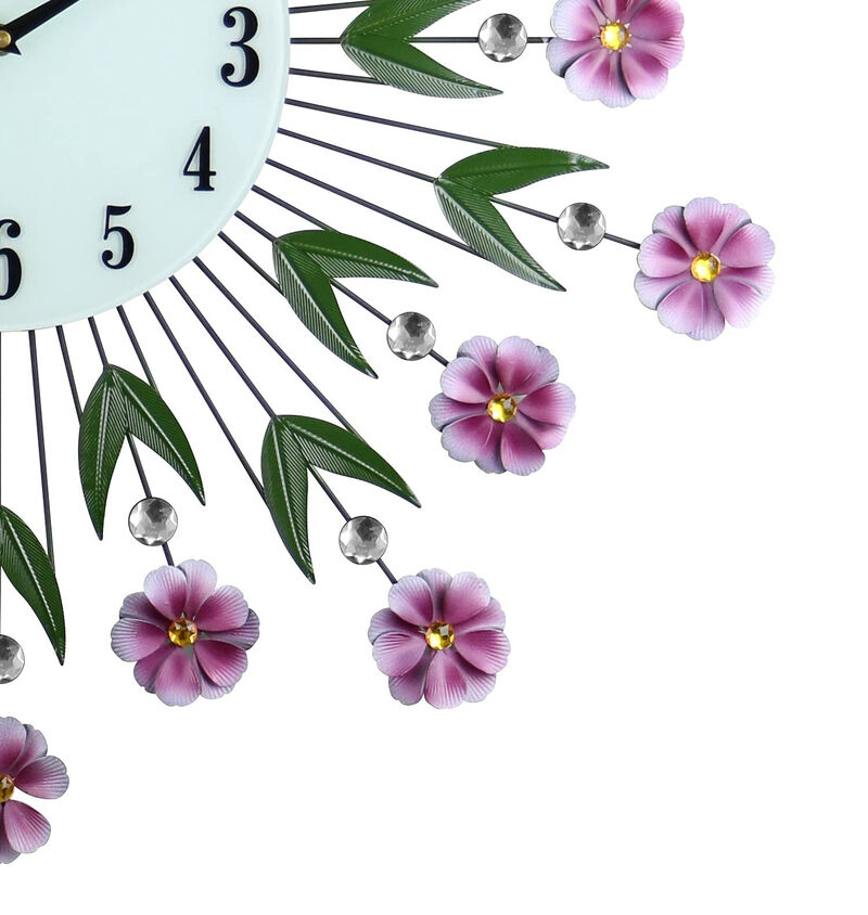 HomeRoots 27" Purple Green And White Metal and Glass Silent Analog Floral Round Wall Clock image number 3