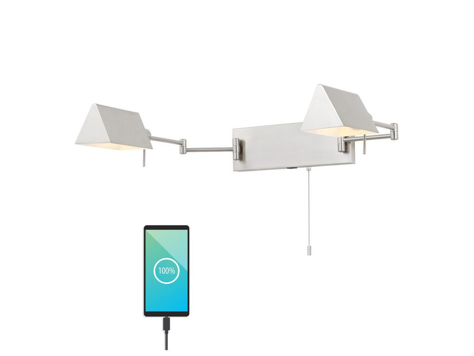 Arlo 54" 2-Light Farmhouse Industrial Double Swing Arm Iron LED Wall Sconce with Pull-Chain USB Charging Port, Oil Rubbed Bronze