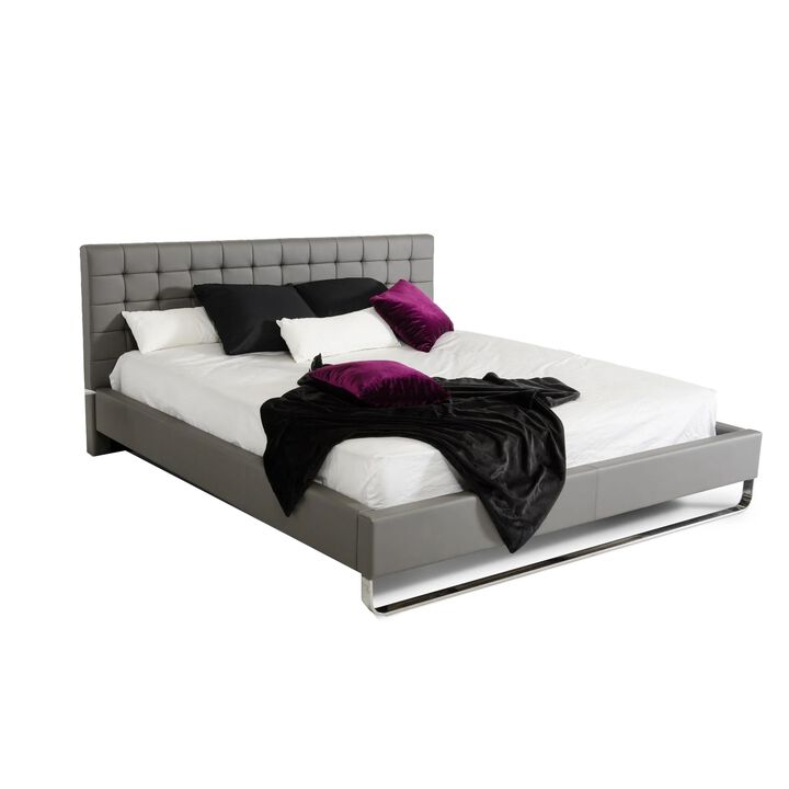 Ani King Size Platform Bed, Plush Tufted Gray Faux Leather Upholstery - Benzara