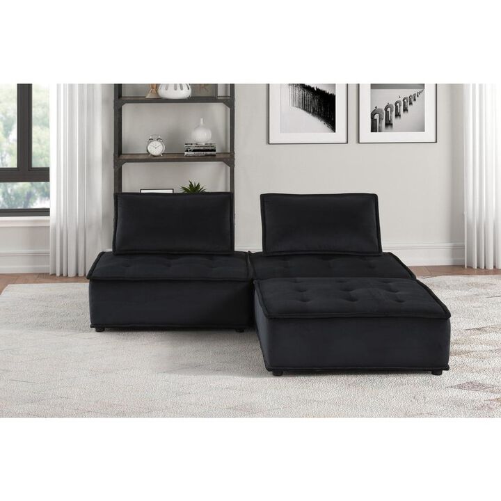 Lilola Home Anna Black Velvet 3 Pc Sectional Sofa Ottoman