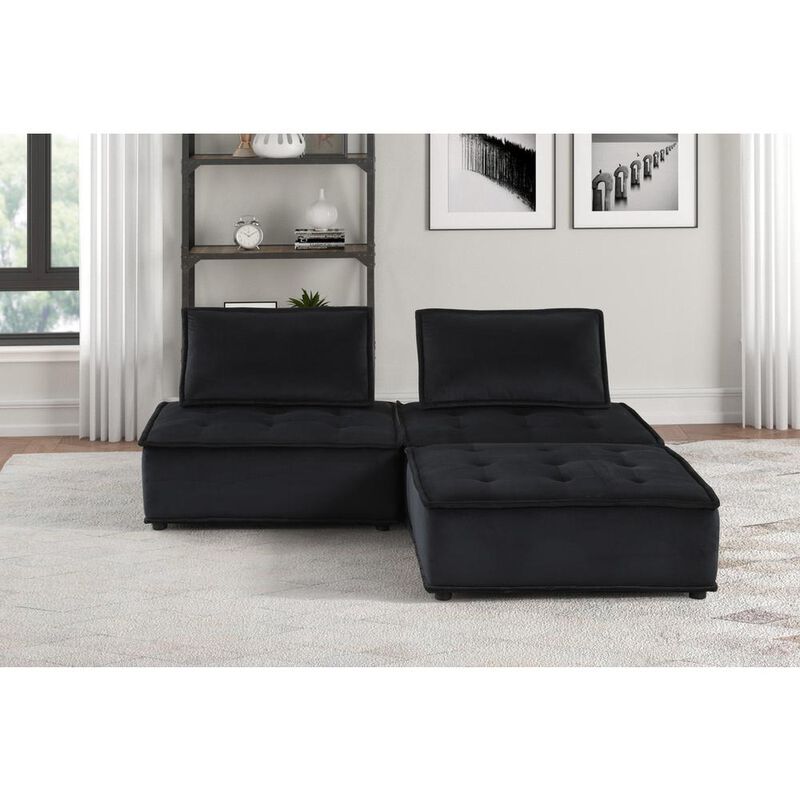 Lilola Home Anna Black Velvet 3 Pc Sectional Sofa Ottoman