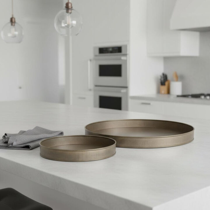 HomeRoots Set of Two Yellow Round Metal Handmade Serving Tray