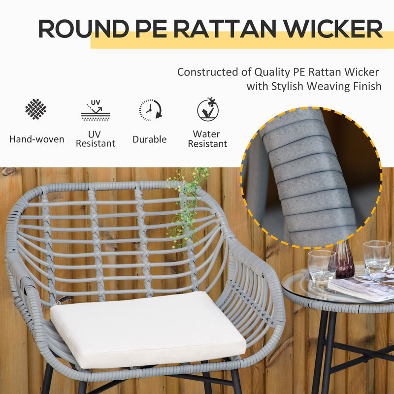 3-Piece Rattan Bistro Outdoor Table & Chairs Furniture Patio Set, Garden, Grey