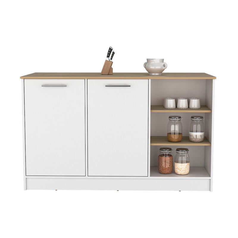 Kitchen Island Two Cabinets, Three Open Shelves, White / Natural Oak