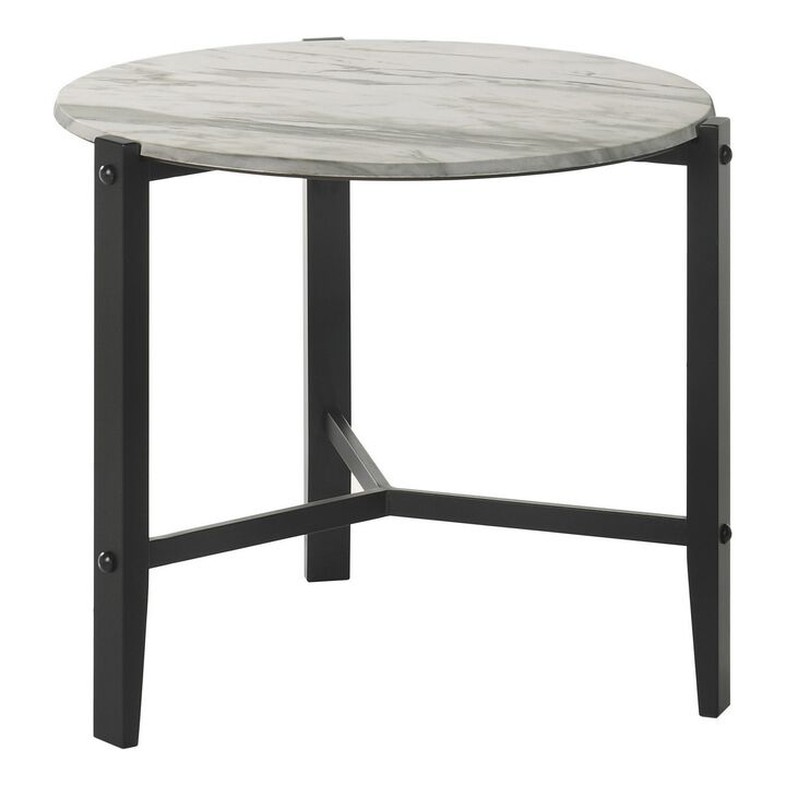Zuko 24 Inch Round End Table, White Faux Marble Design, Black Legs - Benzara