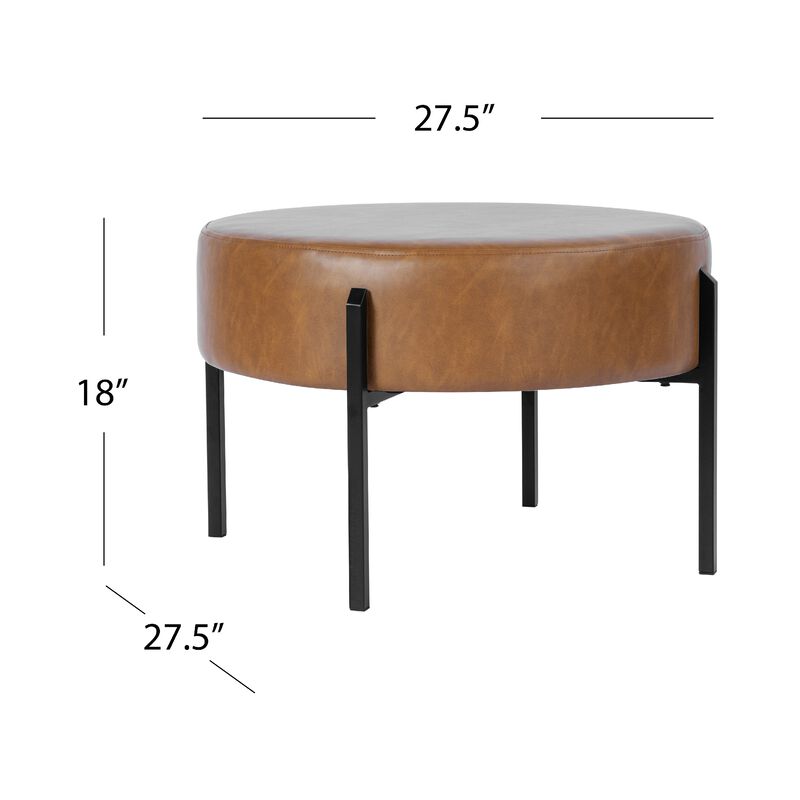 Joe Round Ottoman Footstool, Black Metal, Brown Faux Leather 28 Inch - Benzara image number 4