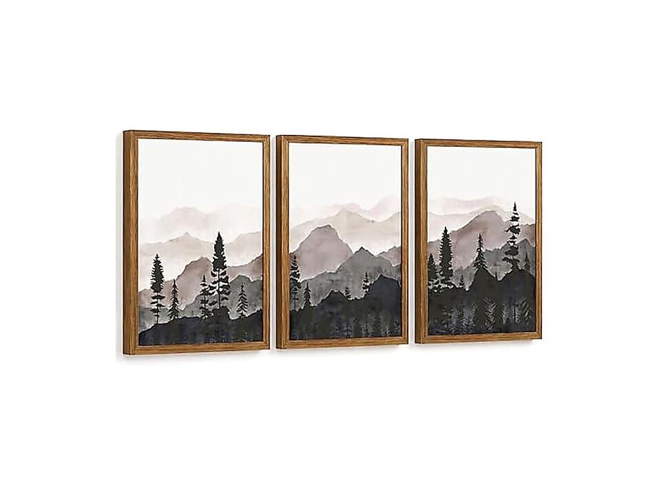 Framed Mountain Wall Art Set 3 Forest Landscape Canvas Modern Nature Decor Wood