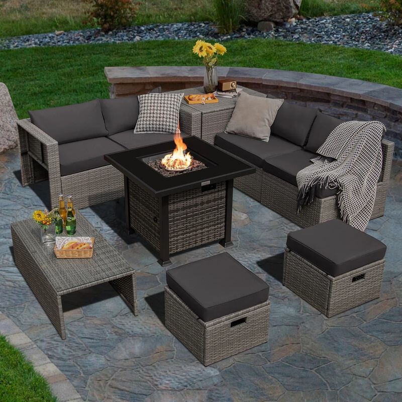 Mondawe 9 Pieces Outdoor Patio Furniture Set with 32-Inch Propane Fire Pit Table