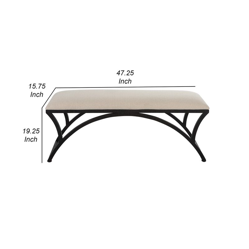 47 Inch Modern Accent Bench with Arched Frame, Cushioned Top, Beige, Black-Benzara