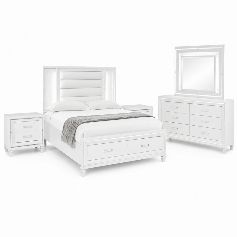 Queen Bedroom Set, White Wood, 5 Piece Set with 2 Nightstands, Dresser, and Mirror image number 0